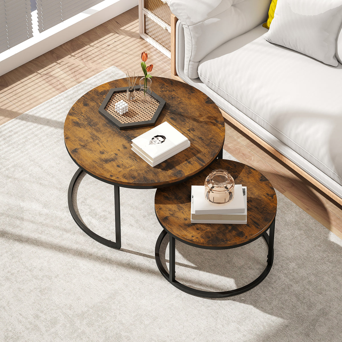 Lot de 2 tables basses gigognes empilable design industriel plateau imitation ciment pieds en métal brun rustique