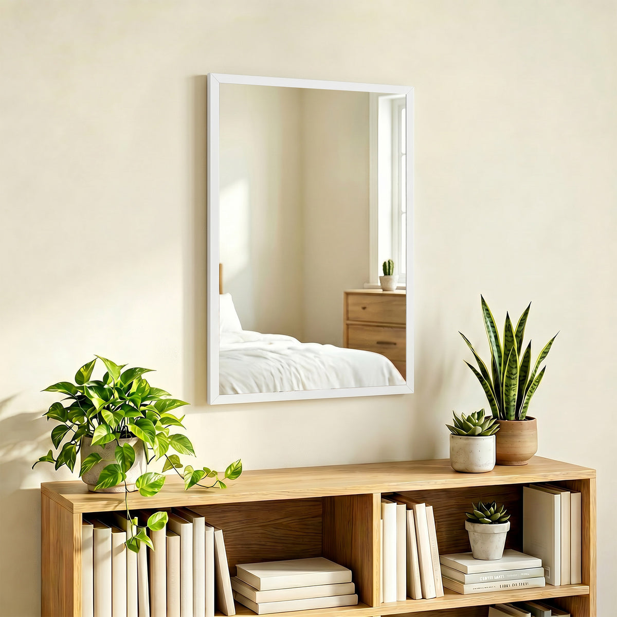 Specchio da parete rettangolare 50 x 70 cm, cornice in legno bianco, ideale per il bagno, il soggiorno o la camera da letto