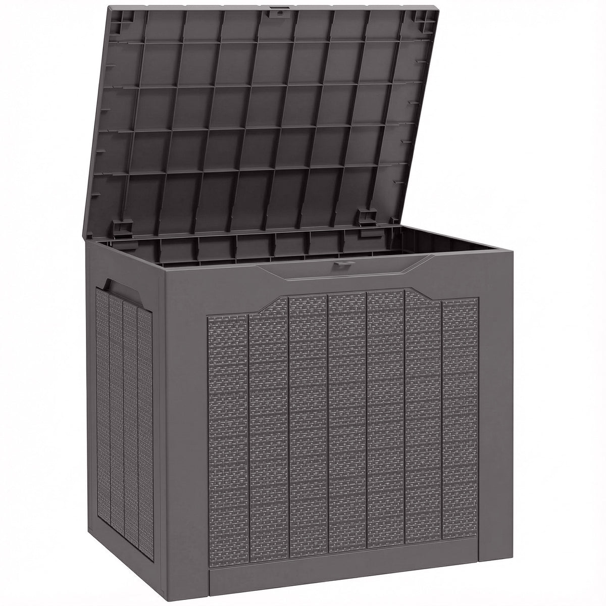 97L outdoor storage box with recessed handles, waterproof outdoor storage chest 56 x 41 x 50 cm, brown