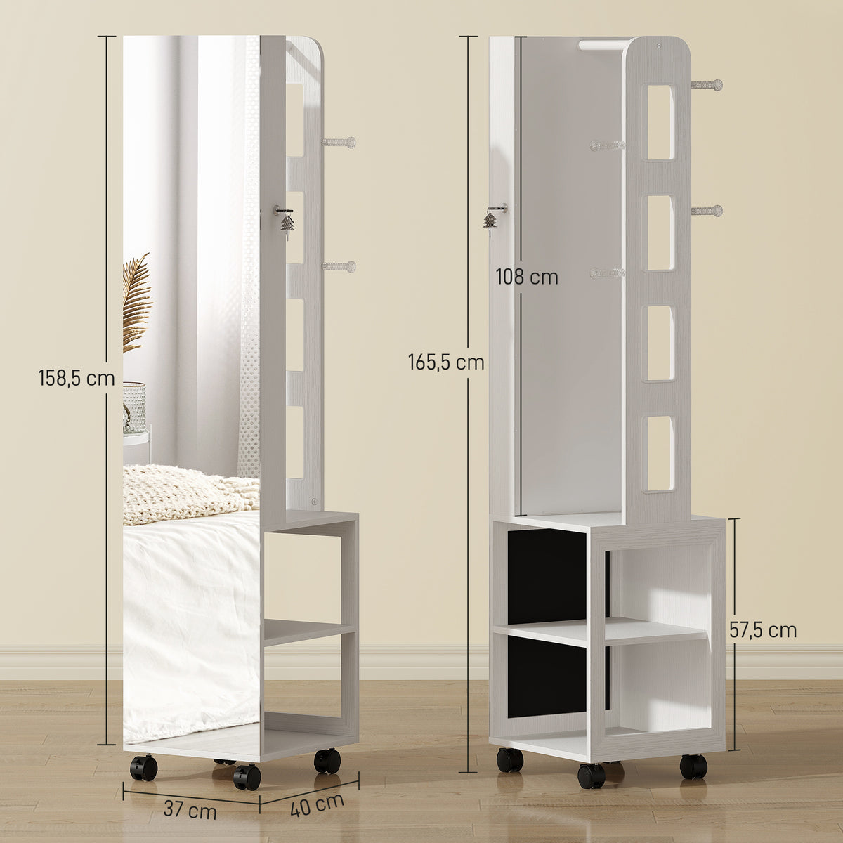Armoire à bijoux armoire avec miroir sur pied pivotante à 360° éclairage LED 37x40x165,5cm cadre blanc, doublure noire