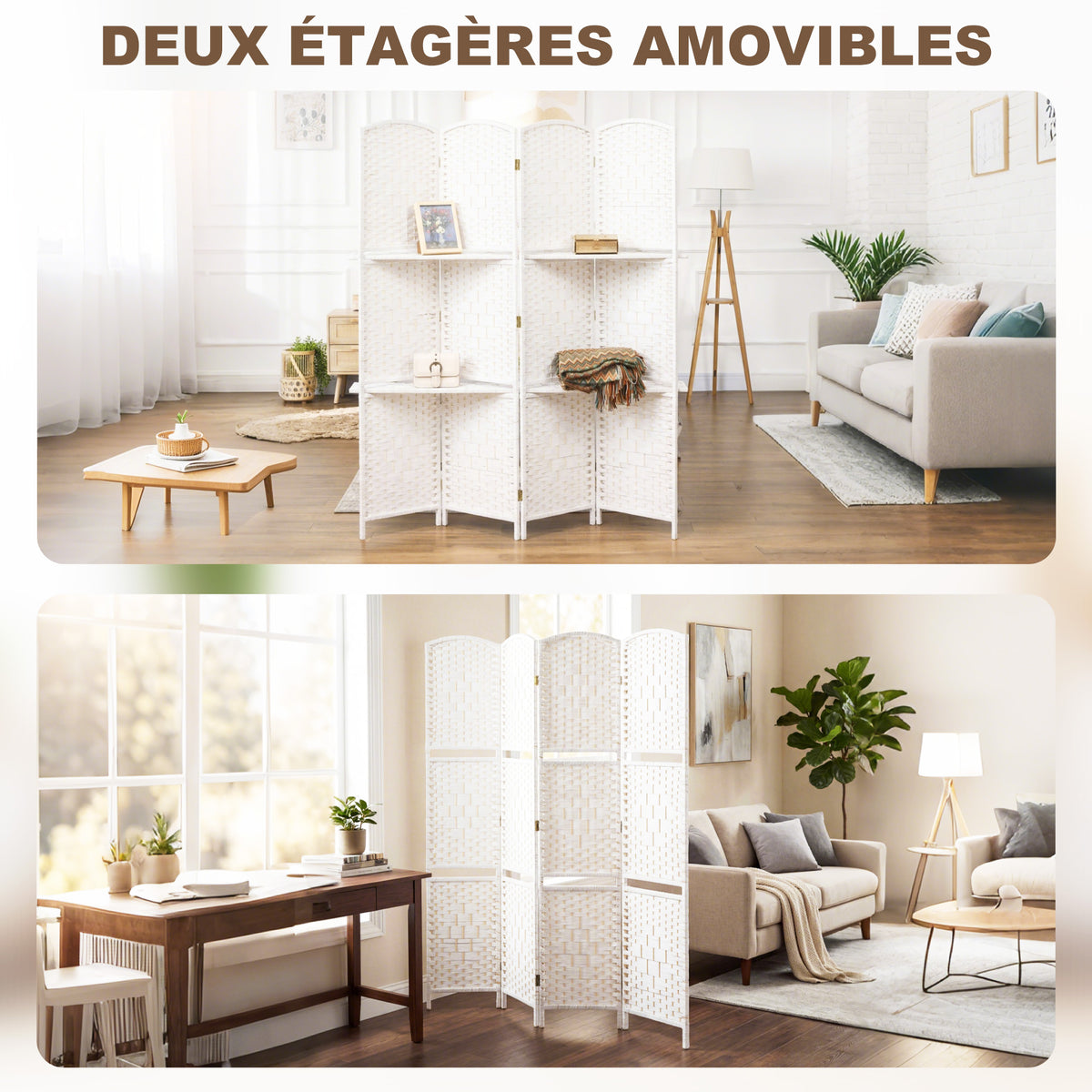 Paravent séparateur de pièce 4 panneaux 160 x170 cm avec 2 étagères, pliable, en bois