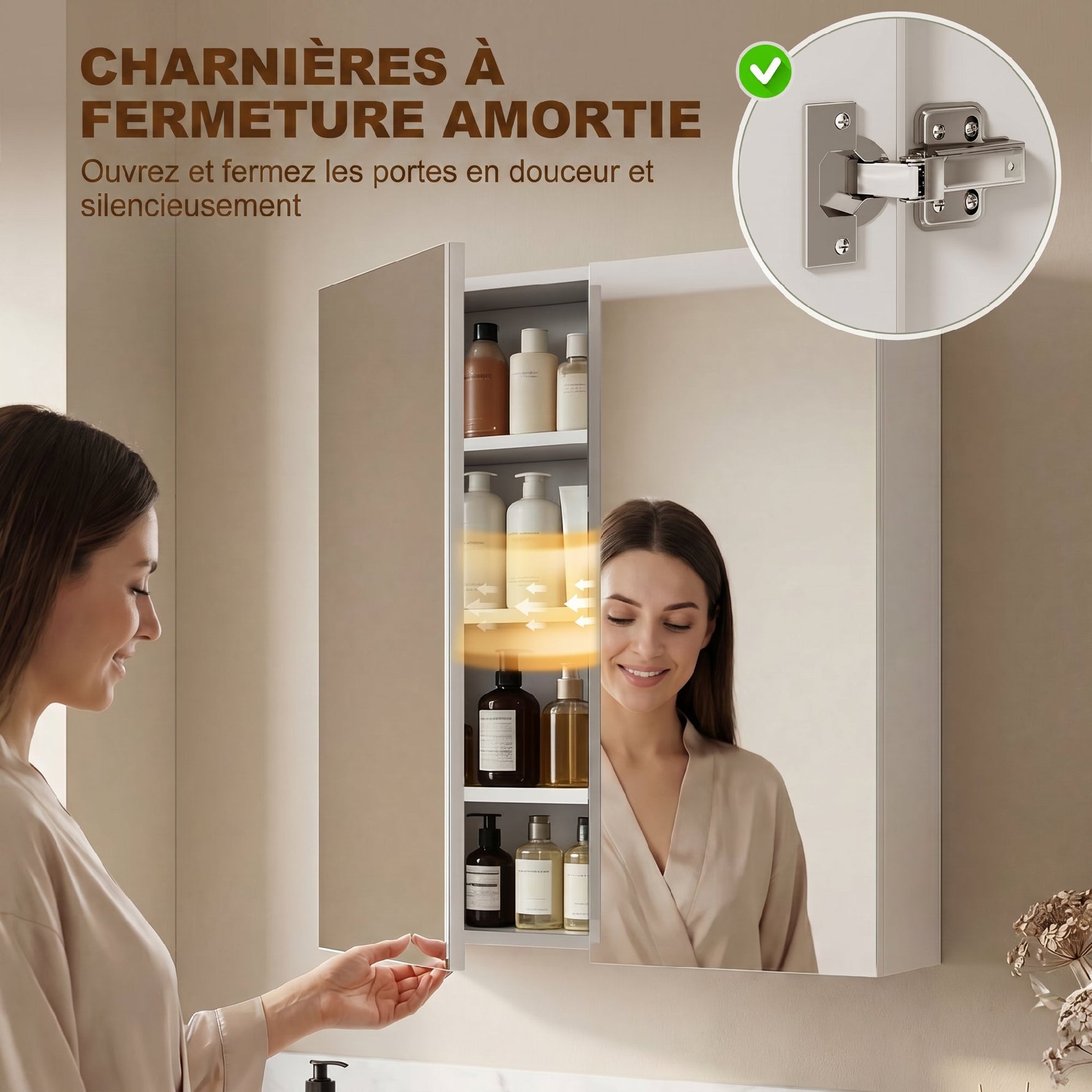 Armoire avec Miroir en Bois Rangement Salle de Bain Fermeture Porte Tampon MDF