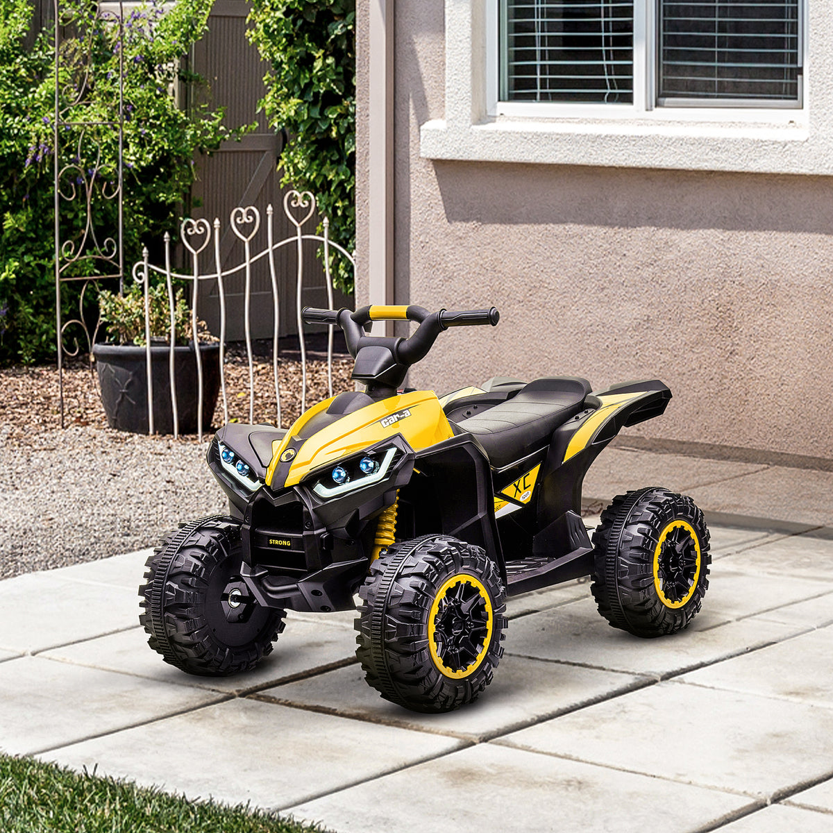 Elektro-Quad für Kinder 12 V, Elektroauto für Kinder, 2 Motoren, 2 Geschwindigkeiten 3-6 km/h, LED-Scheinwerfer, Hupe, für Kinder von 3 bis 5 Jahren, ergonomischer Griff und Sitz, gelb
