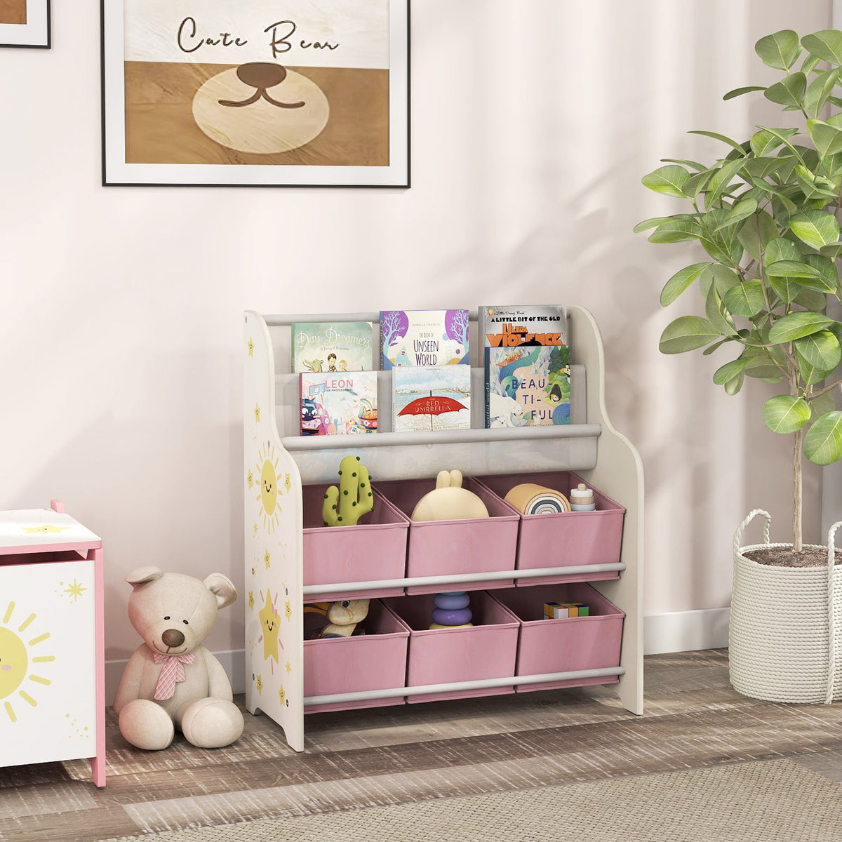 Mobile contenitore per bambini, porta giocattoli, 6 cassetti in tessuto e scaffale a due livelli, 63x30x71cm, rosa