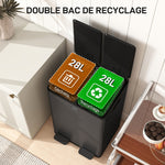 Poubelle de cuisine 2 compartiments de 2 x 28L, acier inoxydable, couvercle à fermeture douce, 45,8x36x67,6cm, noir