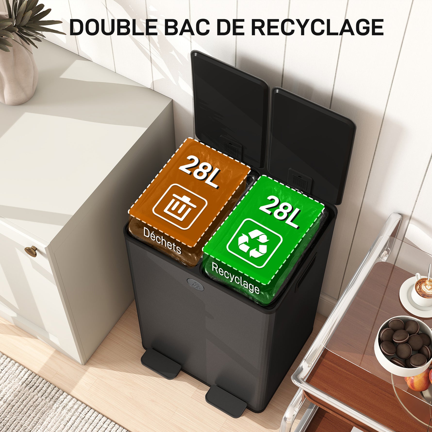 Poubelle de cuisine 2 compartiments de 2 x 28L, acier inoxydable, couvercle à fermeture douce, 45,8x36x67,6cm, noir