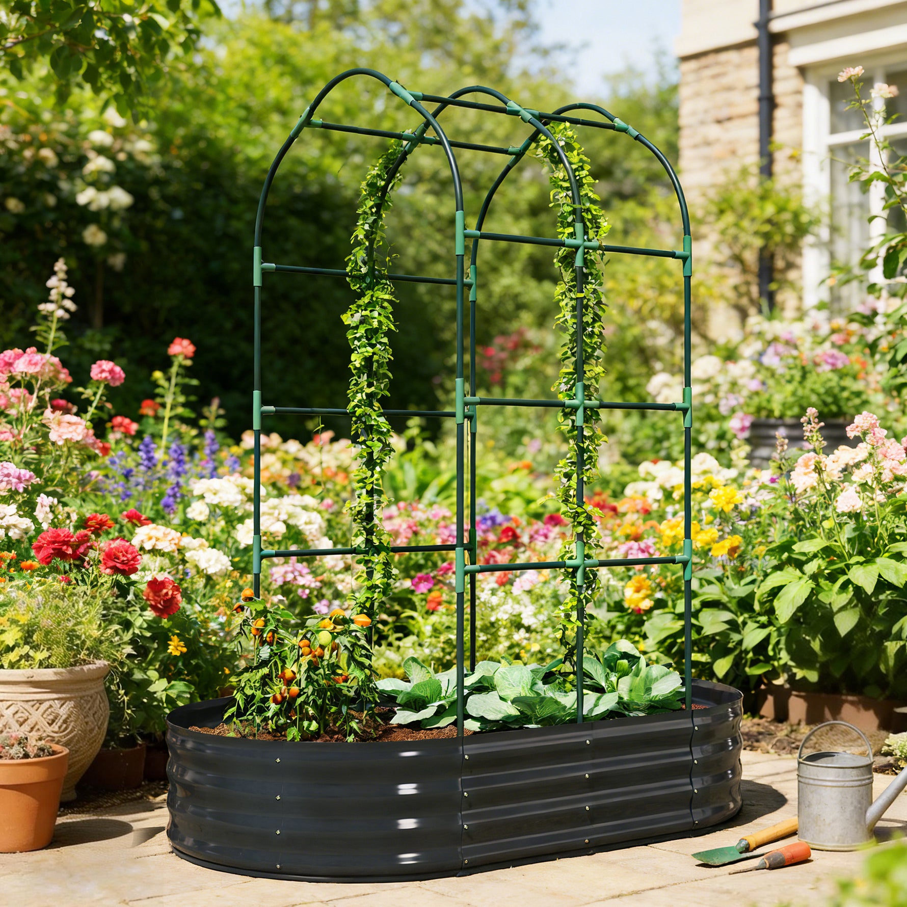 Jardinière avec treillis arqué, bac à fleurs en métal avec fond ouvert, gants inclus, 160x90x180cm, gris foncé