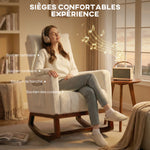 Fauteuil à bascule, rocking chair en flanelle neige rembourré, coussin lombaire, dossier haut, poches latérales, crème
