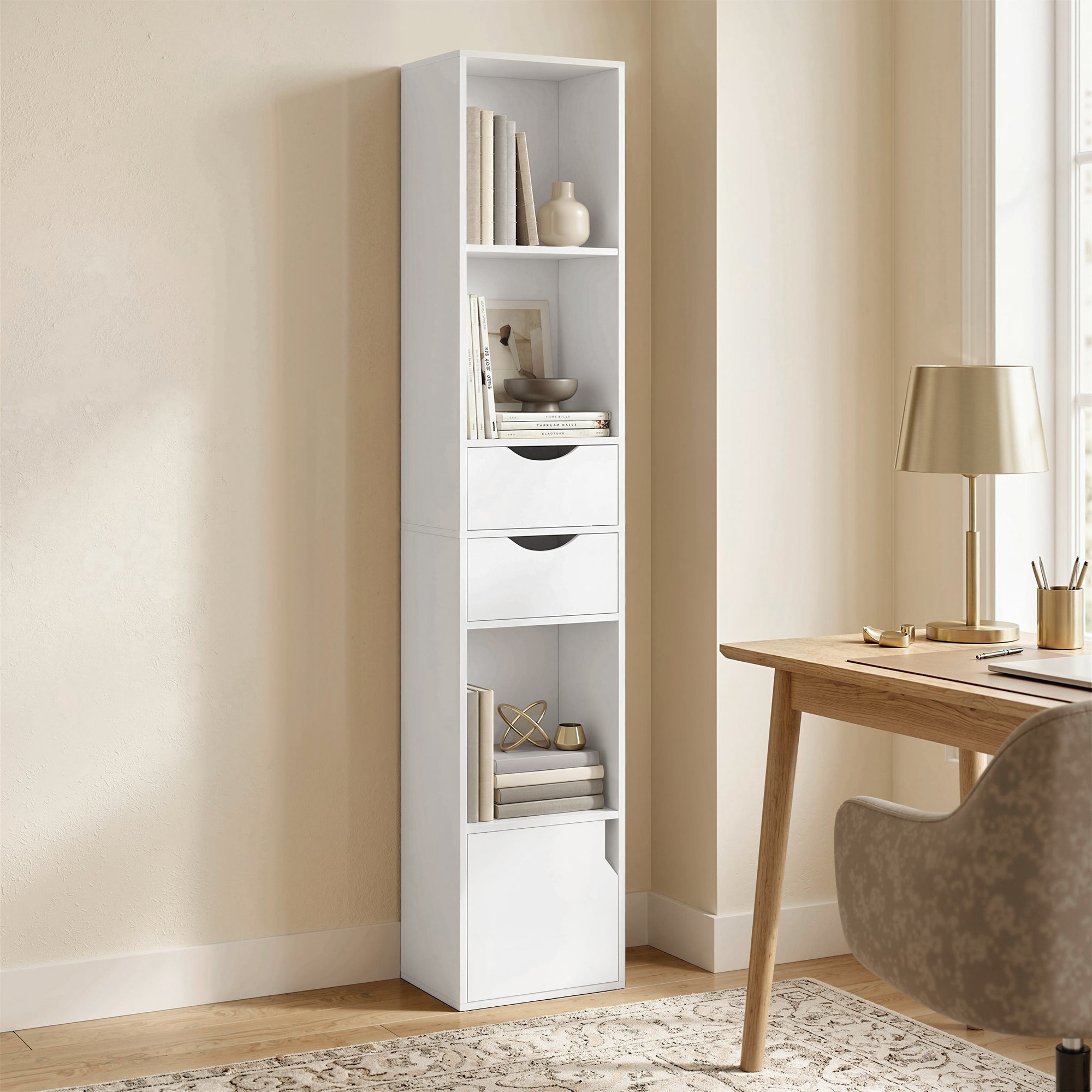 Storage bookshelf with door, 2 drawers, open compartments and adjustable shelf, 30x24x158cm, white