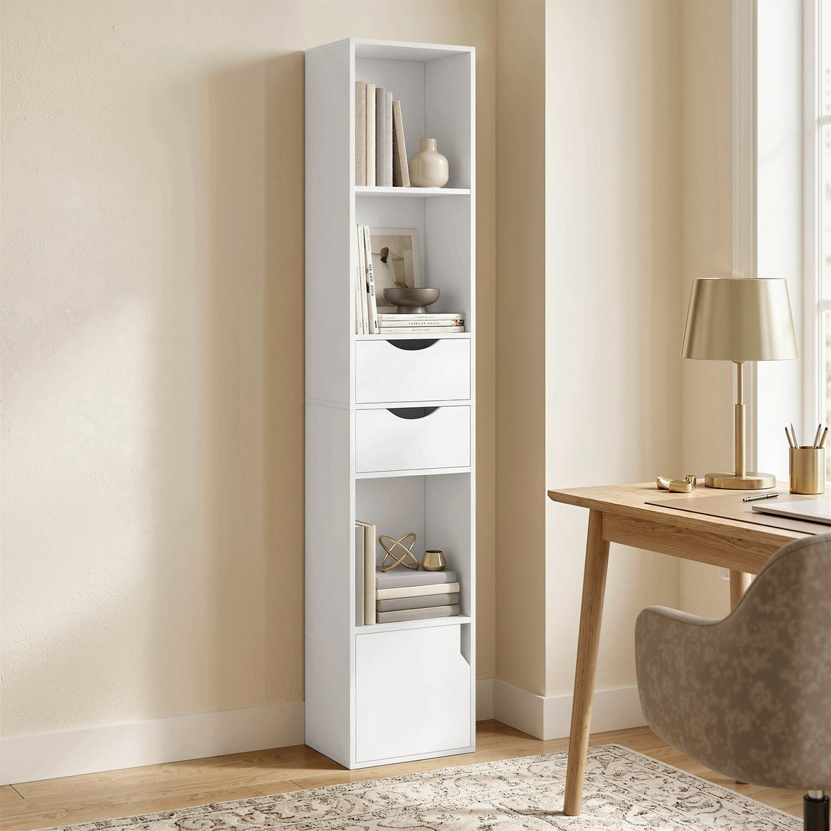 Bibliothèque étagère de rangement avec porte, 2 tiroirs, compartiments ouverts et étagère réglable, 30x24x158cm, blanc