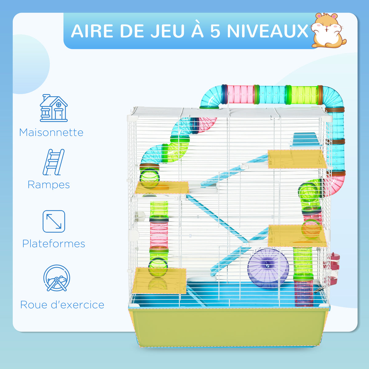Grande cage pour hamsters cage pour rongeur 5 niveaux avec tunnels abreuvoir roue maisonnette échelles dim. 59L x 36l x 69H cm