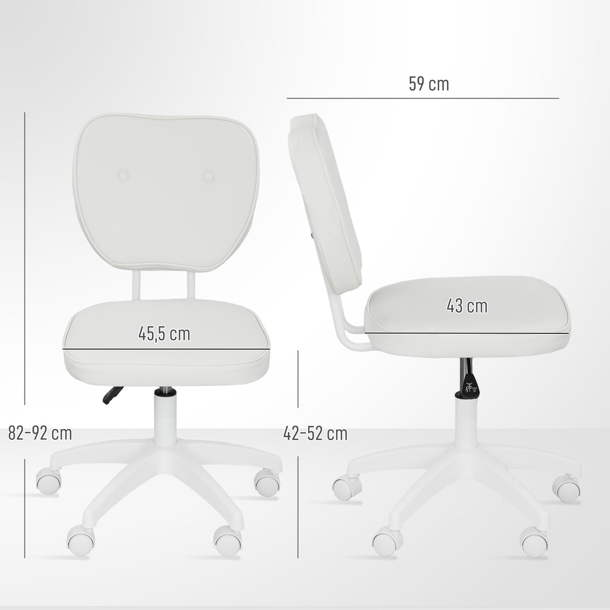 Chaise de bureau sans accoudoirs, fauteuil de bureau, hauteur réglable, pivotant 360°, 46 x 59 x 82-92 cm, blanc