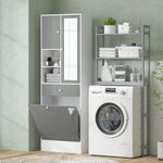 Meuble de salle de bain avec panier à linge et miroir étagère réglable 62 x 28,3 x 181 cm gris et blanc
