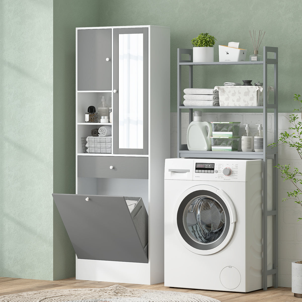Meuble de salle de bain avec panier à linge et miroir étagère réglable 62 x 28,3 x 181 cm gris et blanc