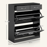 Shoe cabinet with 2 drawers and 2 drop-down doors with adjustable shelf, aluminum handles. 80 x 30 x 91.5 cm, Black