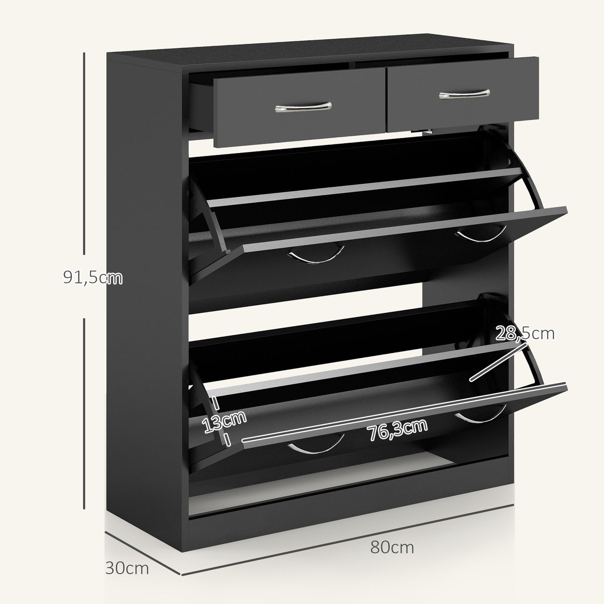 Shoe cabinet with 2 drawers and 2 drop-down doors with adjustable shelf, aluminum handles. 80 x 30 x 91.5 cm, Black