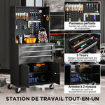 Servante d'atelier en acier à 3 tiroirs, chariot à outils sur roulettes, étagère réglable, panneau perforé, noir