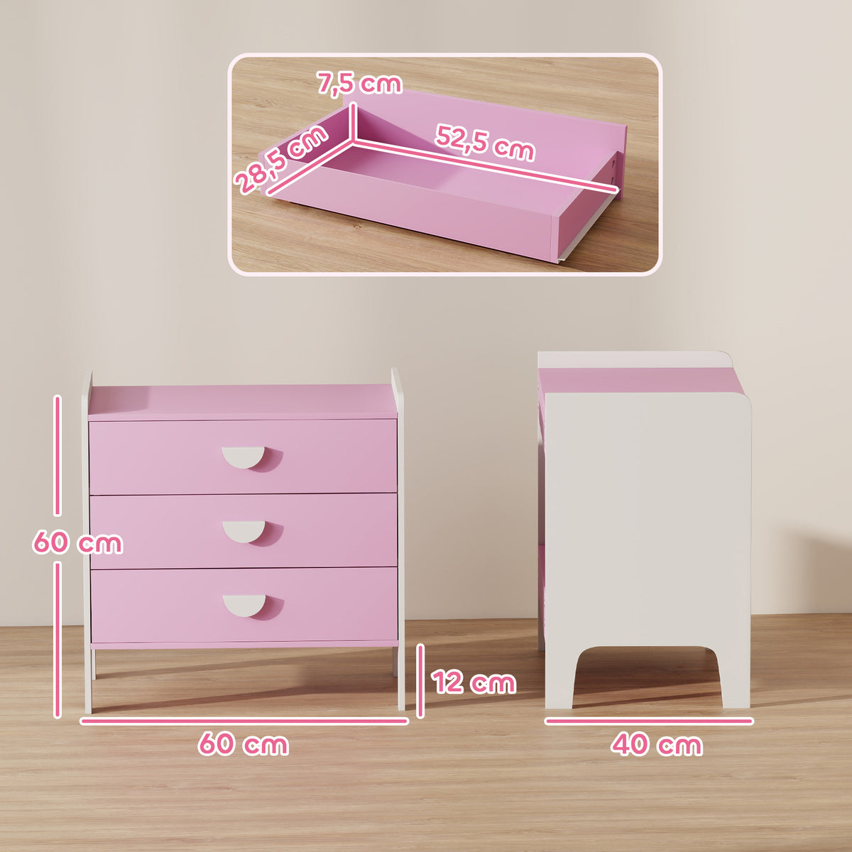 Commode pour enfants, commode rangement 3 tiroirs pour chambre d'enfant, crèche, salle de jeux, 60 x 40 x 60 cm, rose