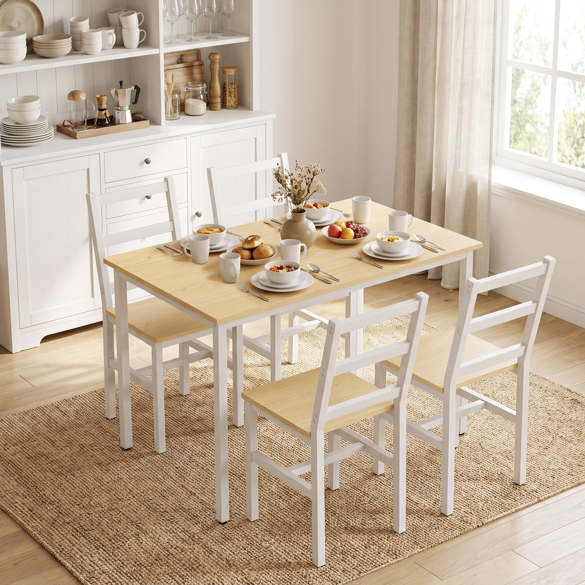 Dining Table Set with 4 Chairs, 108 cm Rectangular Table, Slat Back Chairs, Oak and White