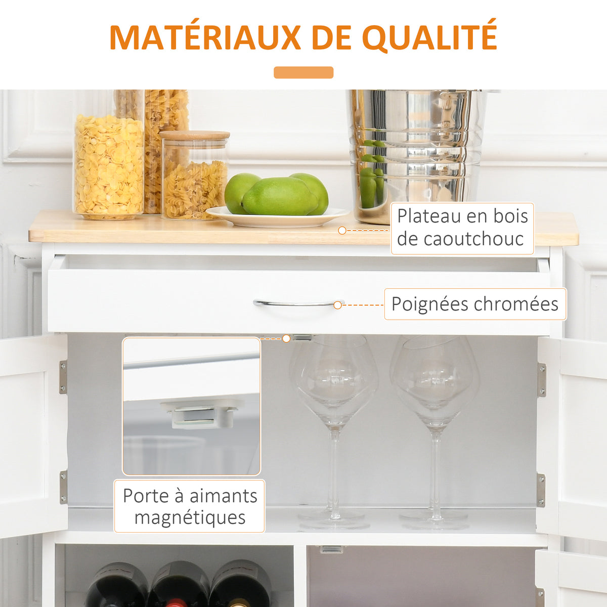 Carrello da cucina multi-ripiano, 2 armadietti, cassetto, portabottiglie da 9 posti, MDF bianco, piano in legno di gomma
