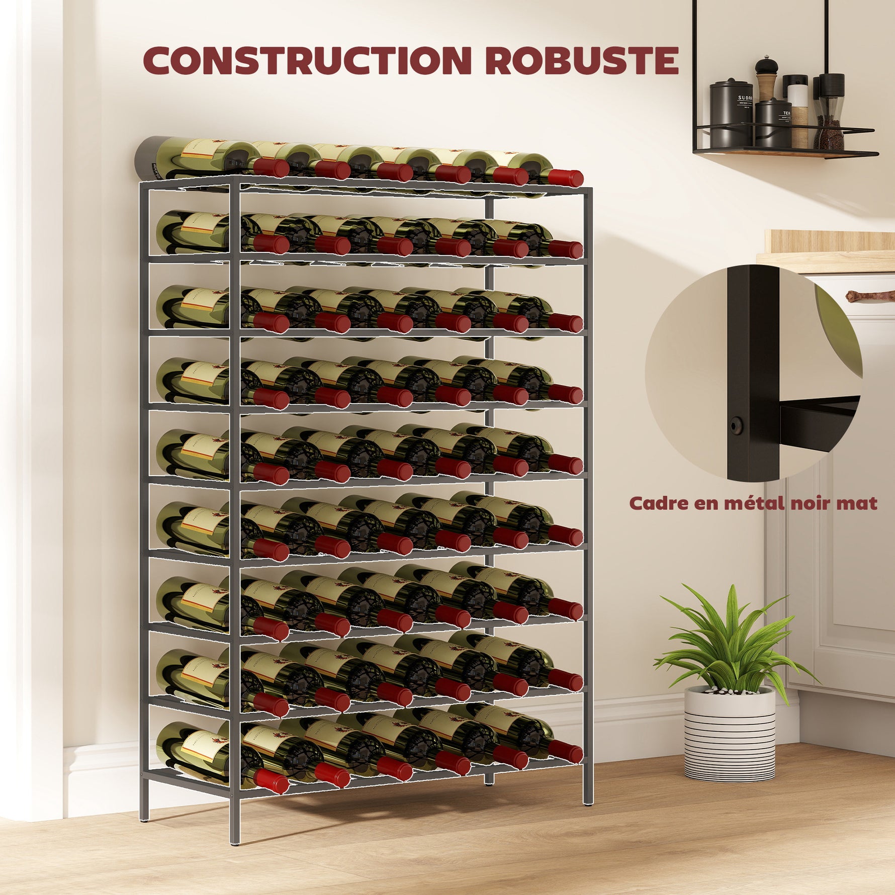 Étagère à vin rack pour bouteilles range-bouteilles capacité 54 bouteilles dim. 63L x 25l x 91H cm métal noir