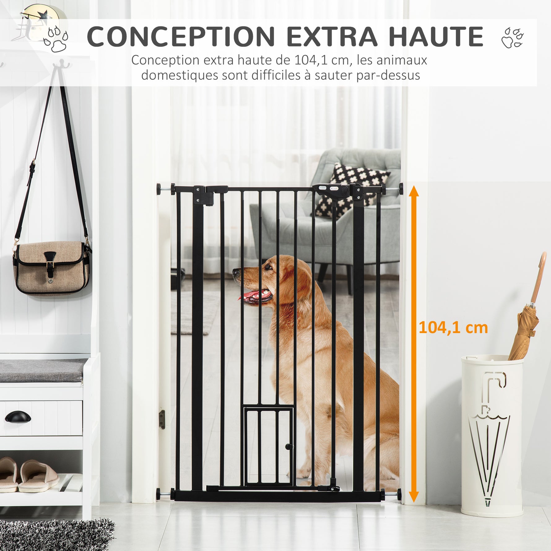 Lot de 2 barrières de sécurité animaux de 104H cm avec système de double verrouillage sans percage de 74 à 80 cm