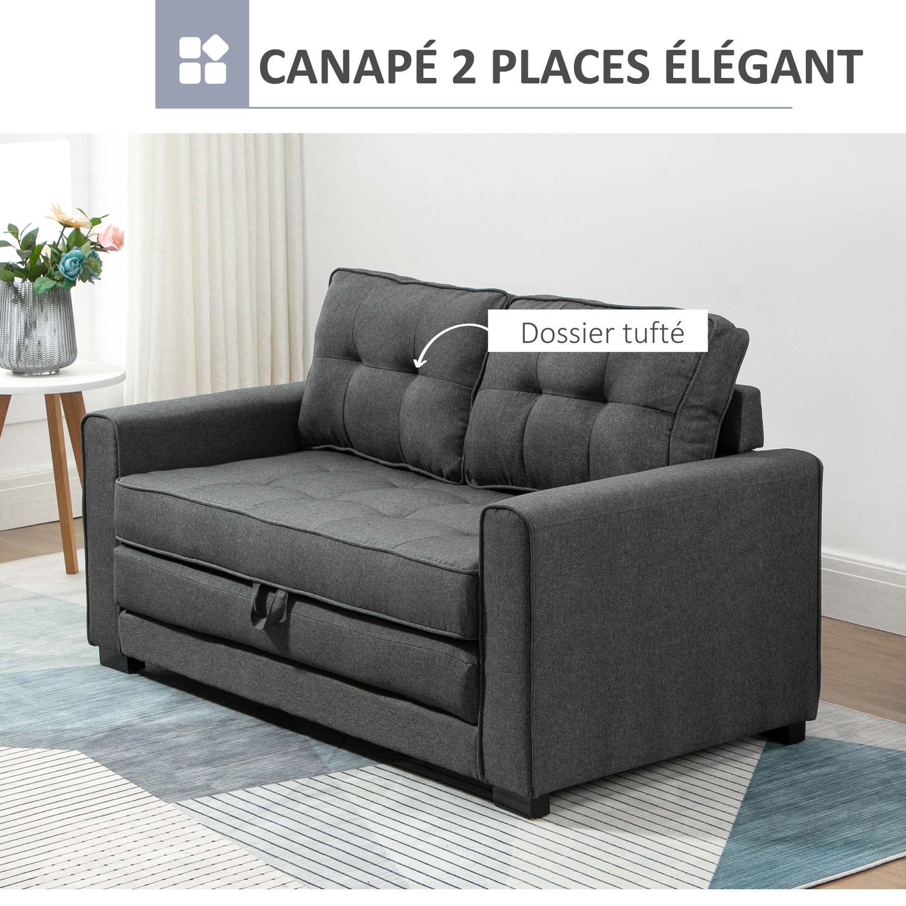 Canapé droit convertible 2 places - dossier capitonné - 147,5 x 75 x 85 cm - gris