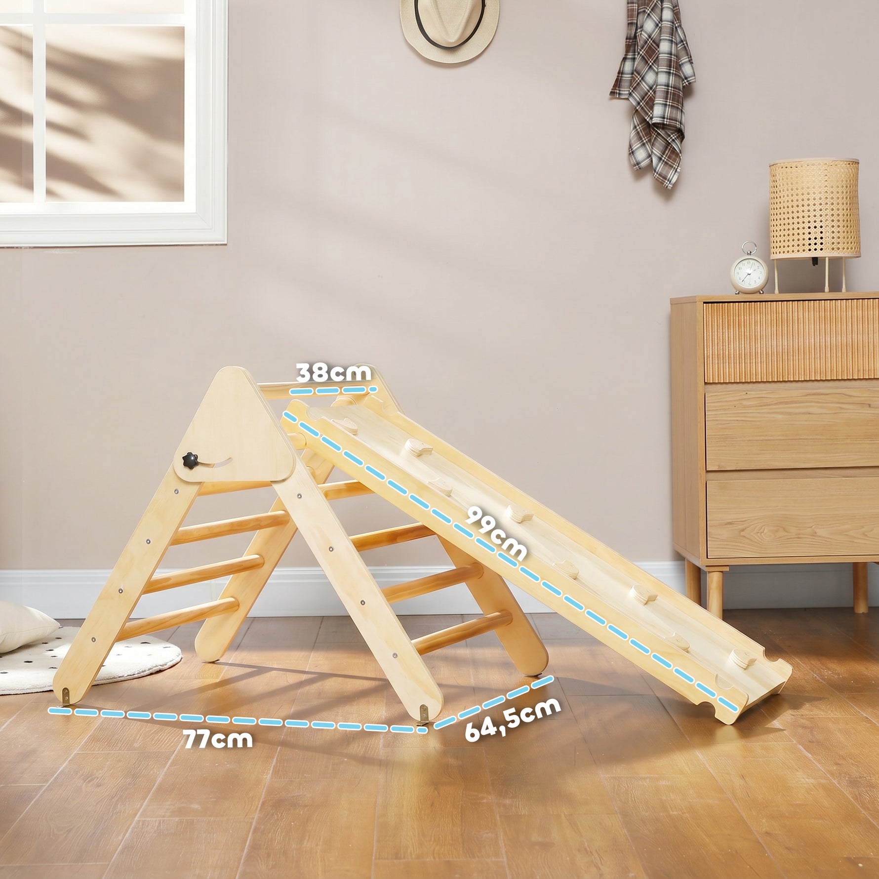 Triangle d'escalade, 3 en 1 en bois pour grimper et glisser, charge max. 50 kg, pour 18-48 mois, bois naturel