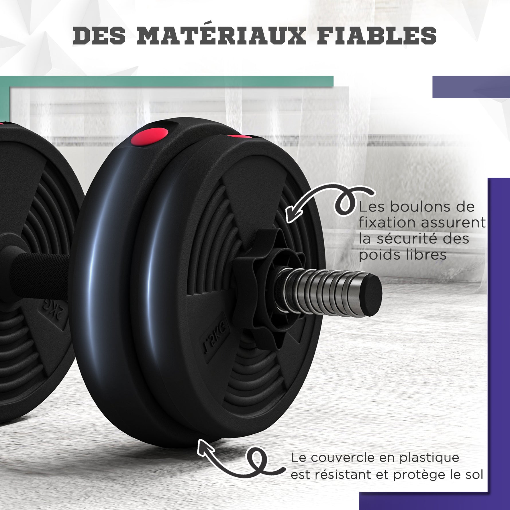 Haltères 2 en 1 réglables, haltères libres avec poignées antidérapantes, 15KG - Barres incluses