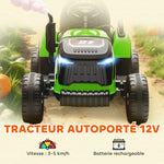 Tracteur électrique enfants avec remorque amovible, voiture électrique enfants, télécommande 2,4G, 139x58x55cm, vert