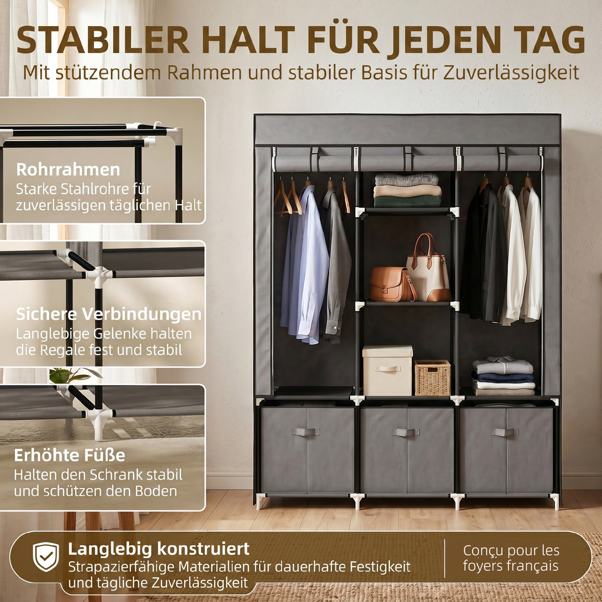 Faltbarer Stoffschrank mit 5 Regalen, 2 Kleiderstangen und 3 Stoffschubladen 125L x 43B x 162,5H cm