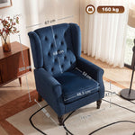 Fauteuil de salon capitonné avec assise large, pieds en bois, style classique, grand confort, 74x86x102cm, bleu foncé