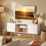 Meuble TV style scandinave 2 portes 2 niches passe-fils piètement bois pin panneaux blanc - 120 x 34 x 50 cm blanc