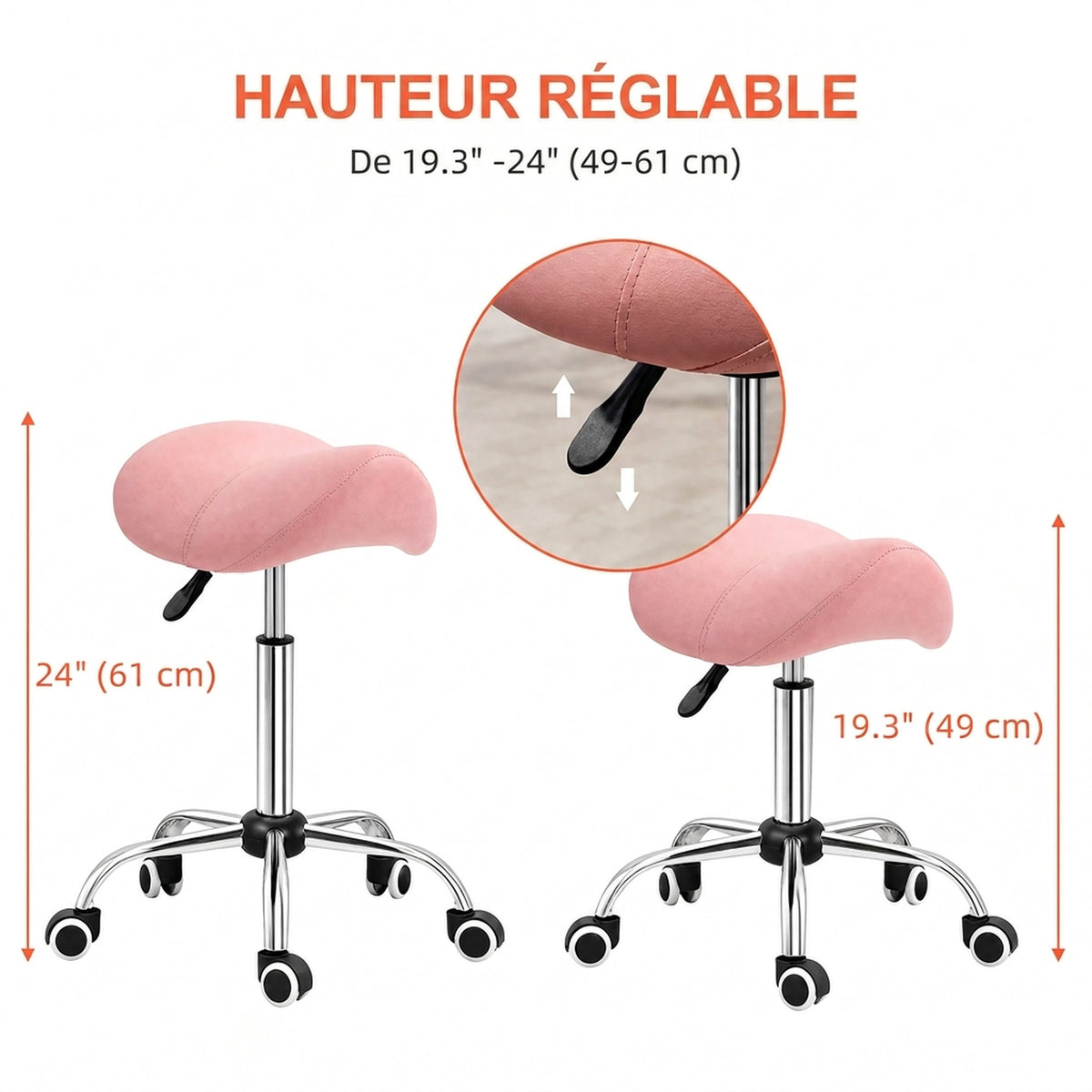 Tabouret à roulettes, chaise de travail avec hauteur réglable 49-61 cm et selle ergonomique, 52x53x49-61cm, rose