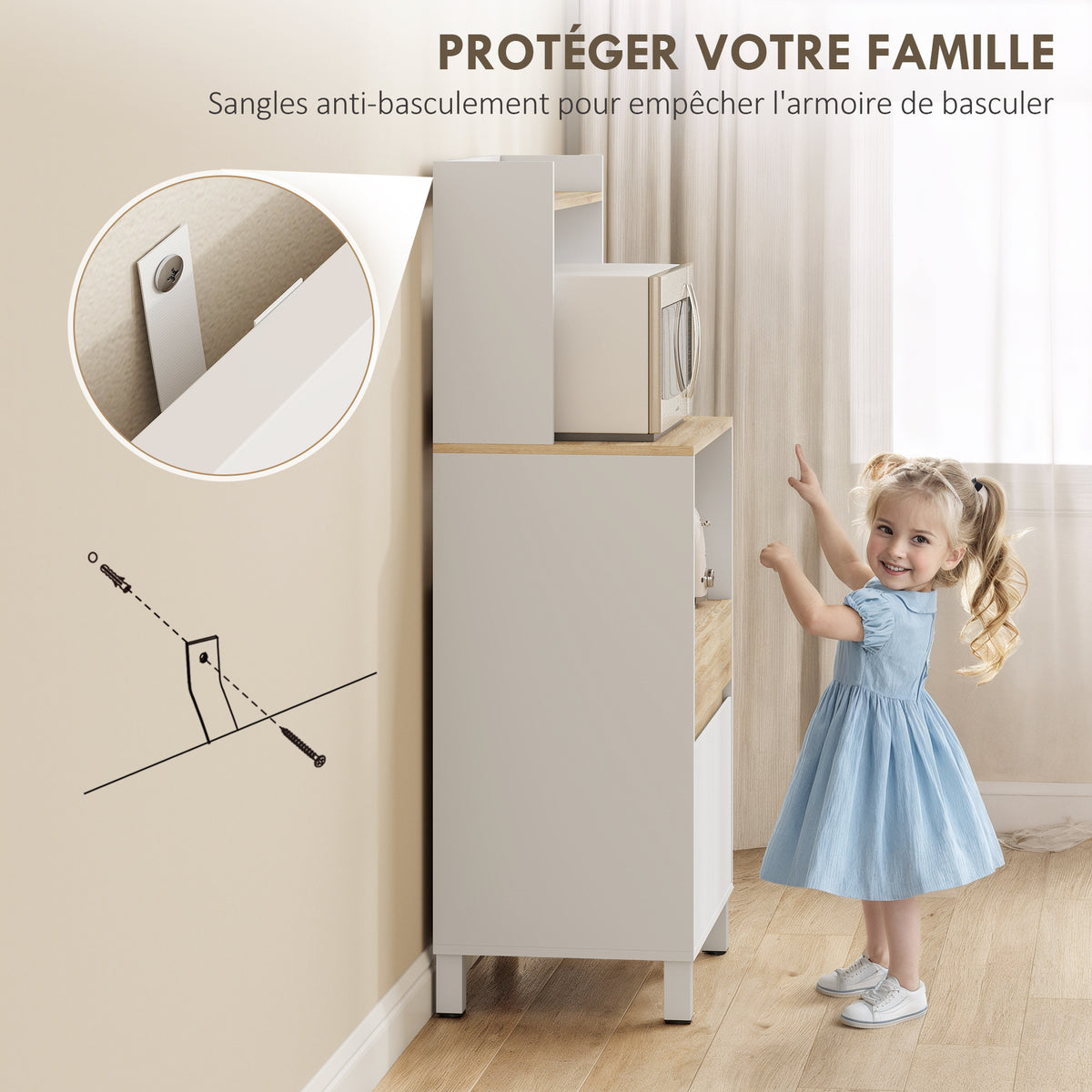Meuble micro onde, buffet cuisine avec placard tiroir étagère supérieur, 60 x 40 x 131 cm chêne et blanc