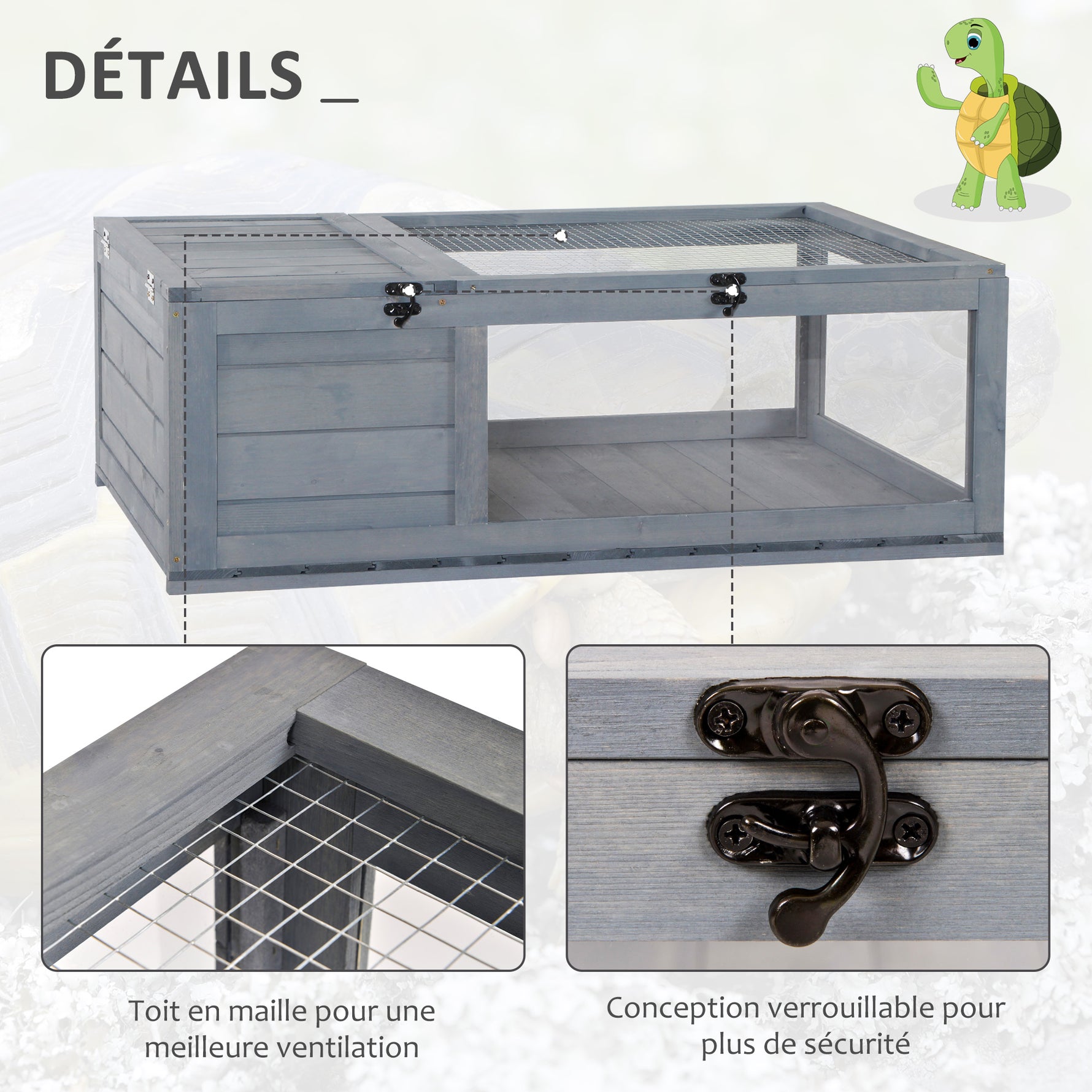 Maison enclos cage habitat pour petit animal tortues avec 2 espaces 91 x 60,5 x 32 cm bois massif gris
