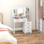 Coiffeuse avec miroir et 9 lumières LED, 4 tiroirs et 6 compartiments ouverts, 100 x 40 x 138 cm, blanc
