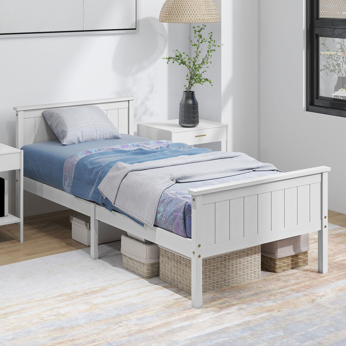 Cadre de lit 90 x 200 cm, lit simple en bois massif avec sommier à lattes tête et pied inclus, assemblage facile, blanc