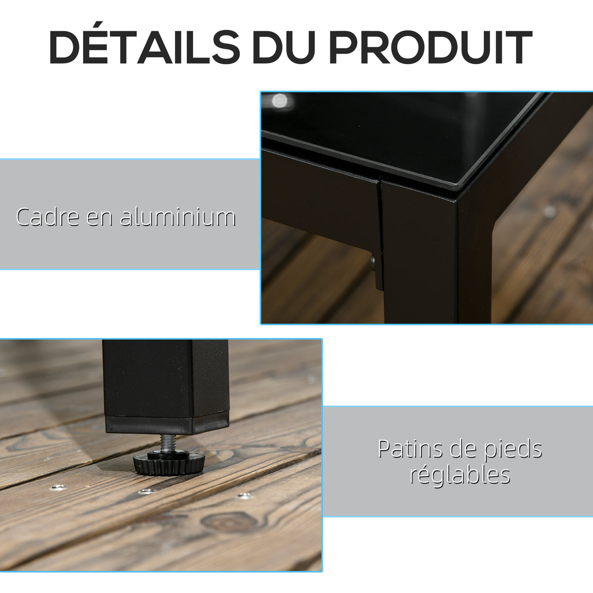 Table de jardin rectangulaire pour 8 personnes avec plateau en verre trempé et cadre en aluminium noir