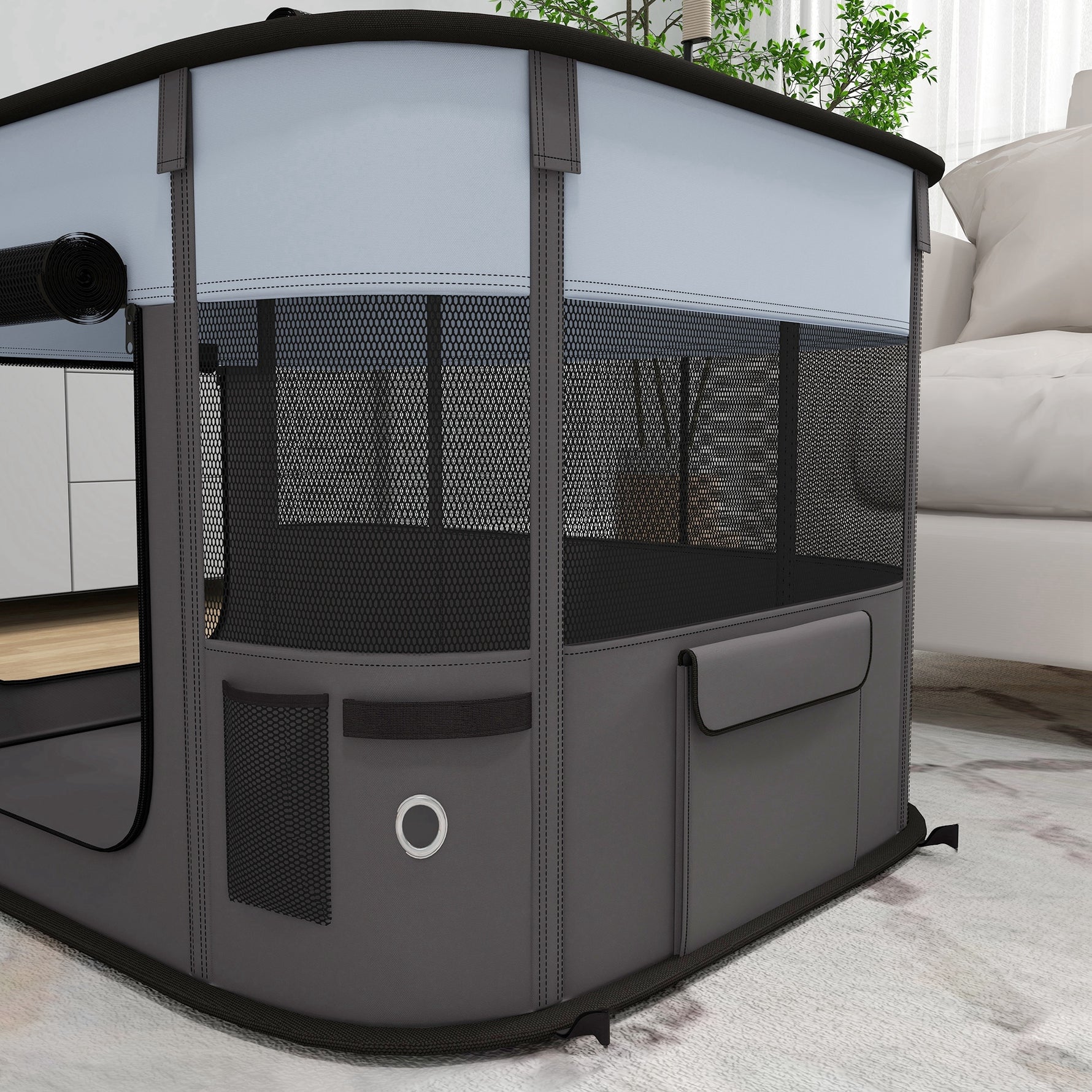 Parc enclos pliable pour chien chat petits animaux en tissu Oxford avec rangement 84 x 64 x 53 cm gris et noir