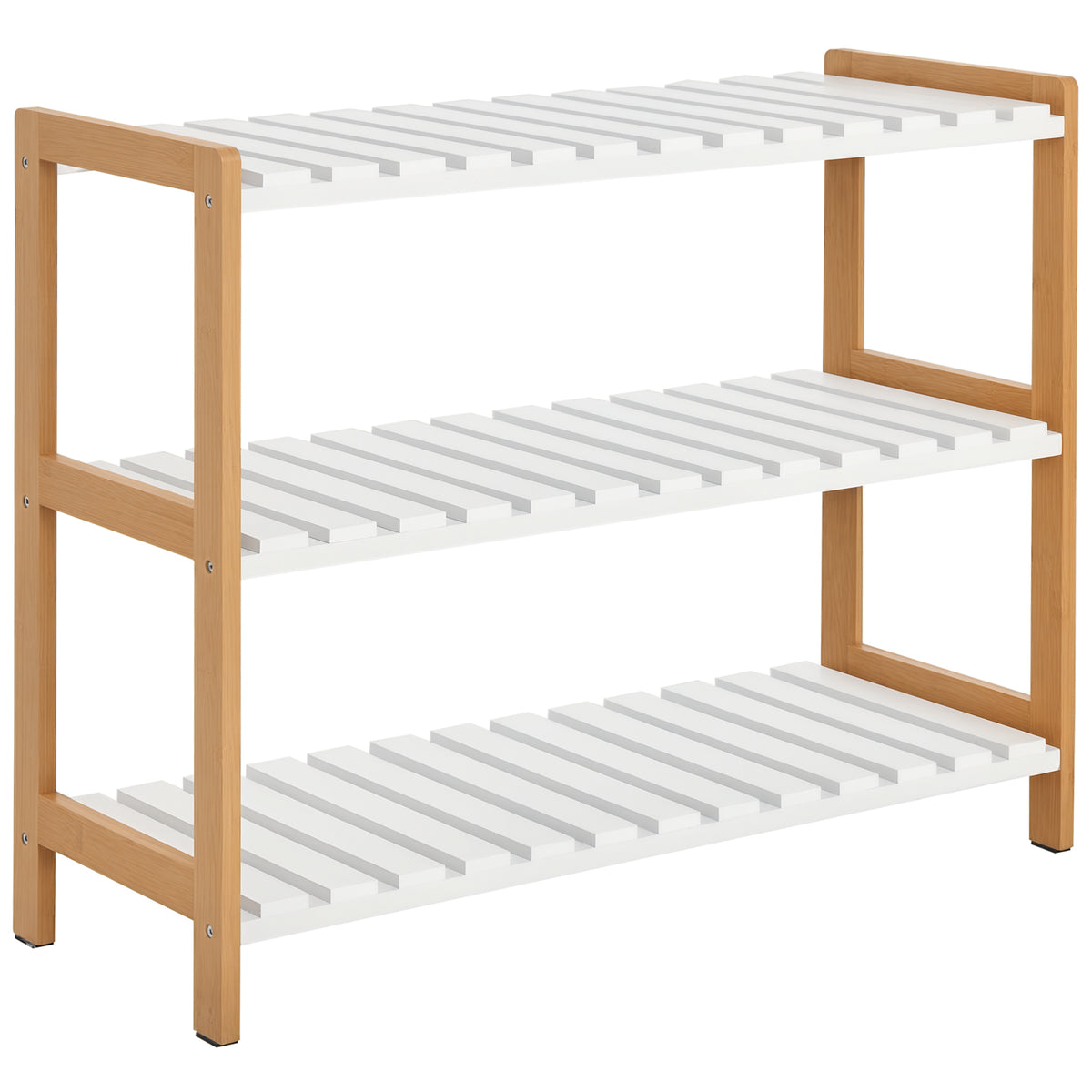 Étagère à chaussures à 3 niveaux, porte-chaussures en bois de pin avec 3 étagères à lattes, pour salon, entrée, 70 x 26 x 57,5 cm, blanc et effet bois naturel