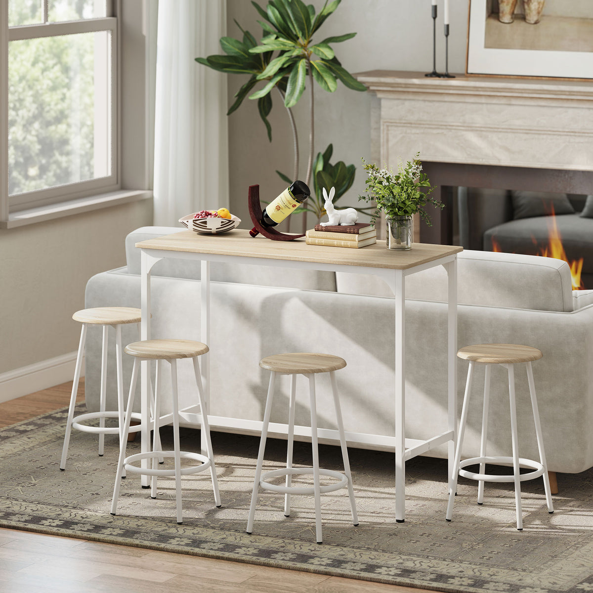 Set van bartafel en 4 krukken met voetensteun in moderne stijl, metalen frame met natuurlijk houteffect