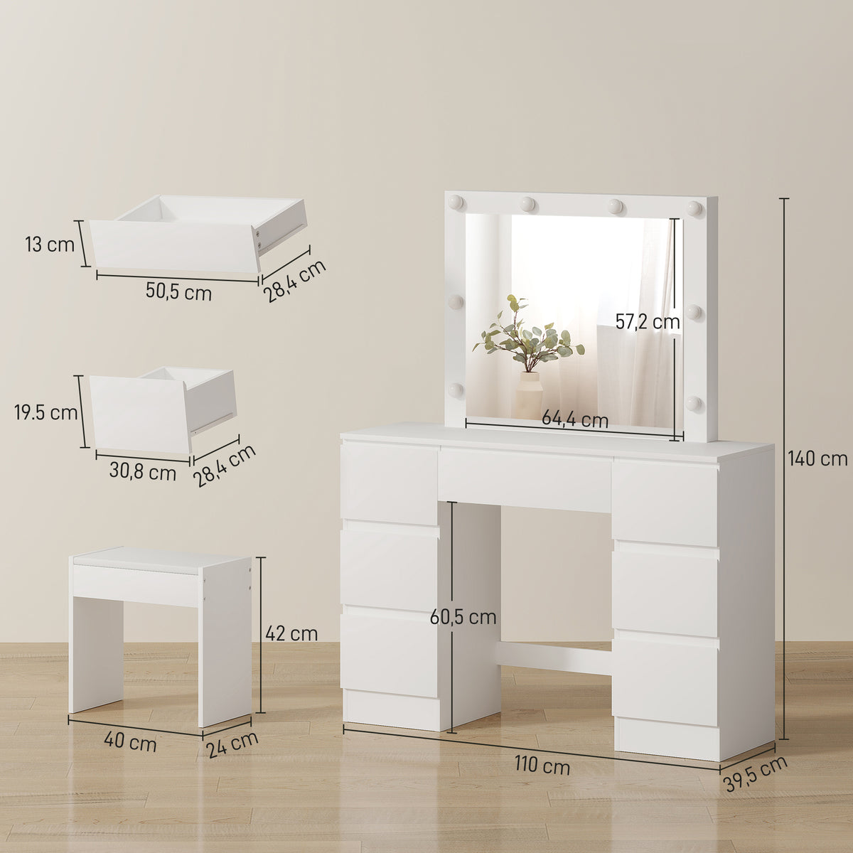 Dressing table with mirror and stool, makeup vanity with LED mirror, padded stool, 7 drawers, 110x39.5x140cm, white