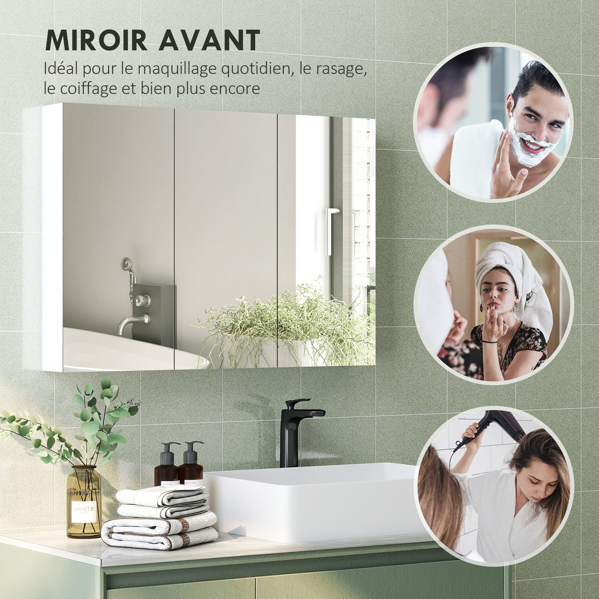 Armadietto a muro per bagno con specchio, mobiletto da bagno a 3 ante a specchio, ripiani regolabili, 91,5x11,5x65cm, bianco