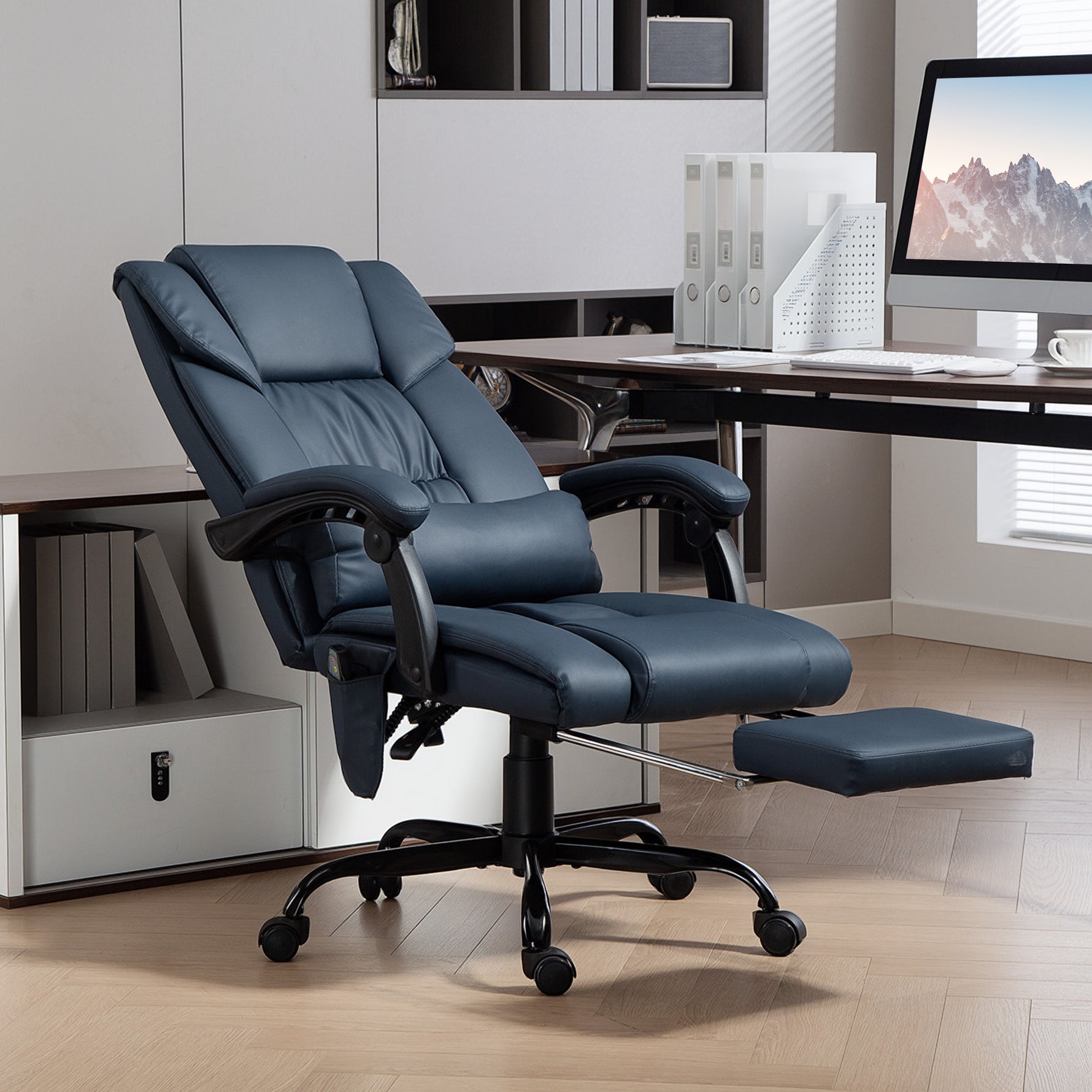 Fauteuil de bureau massant, repose-pied, hauteur réglable, dossier inclinable, télécommande filaire, 66x75x122cm, bleu