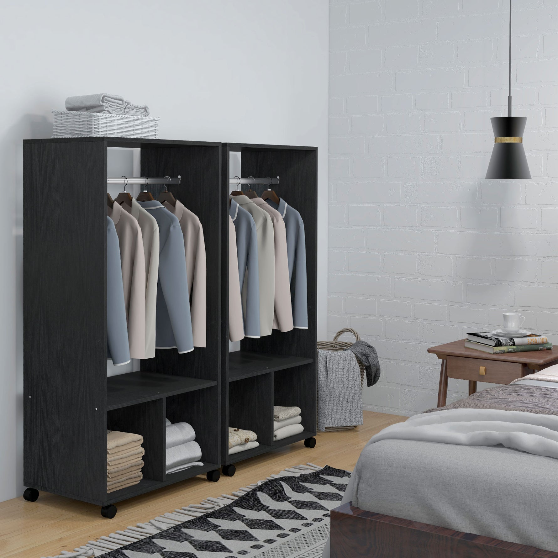 Lot de 2 portants à vêtements penderie mobile avec roulettes 2 niches + Grand Espace penderie en bois noir