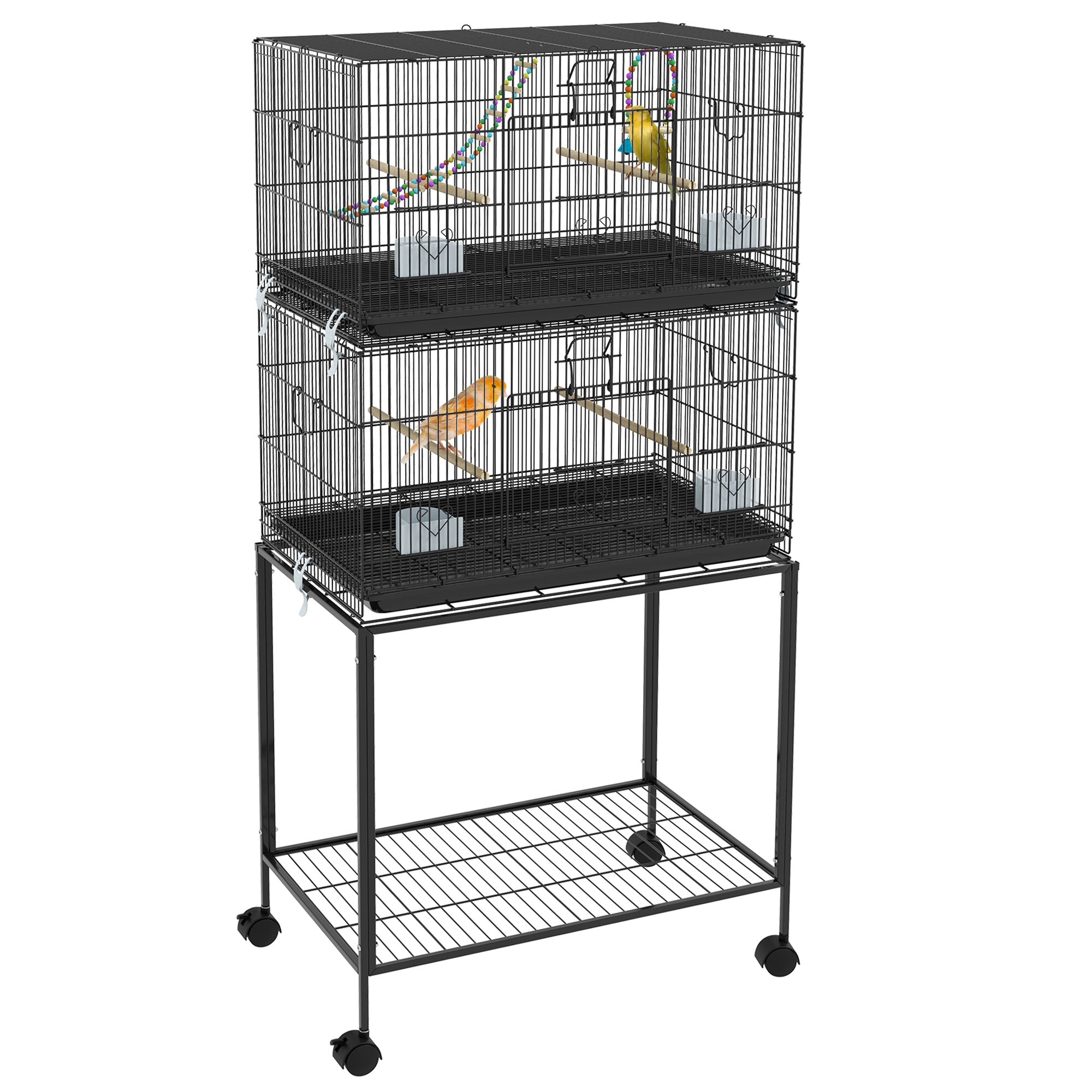 Vogelkooi op standaard, dubbele volière met voerbakken, zitstokken, uitneembare lade, plank, handvat en wieltjes, zwart