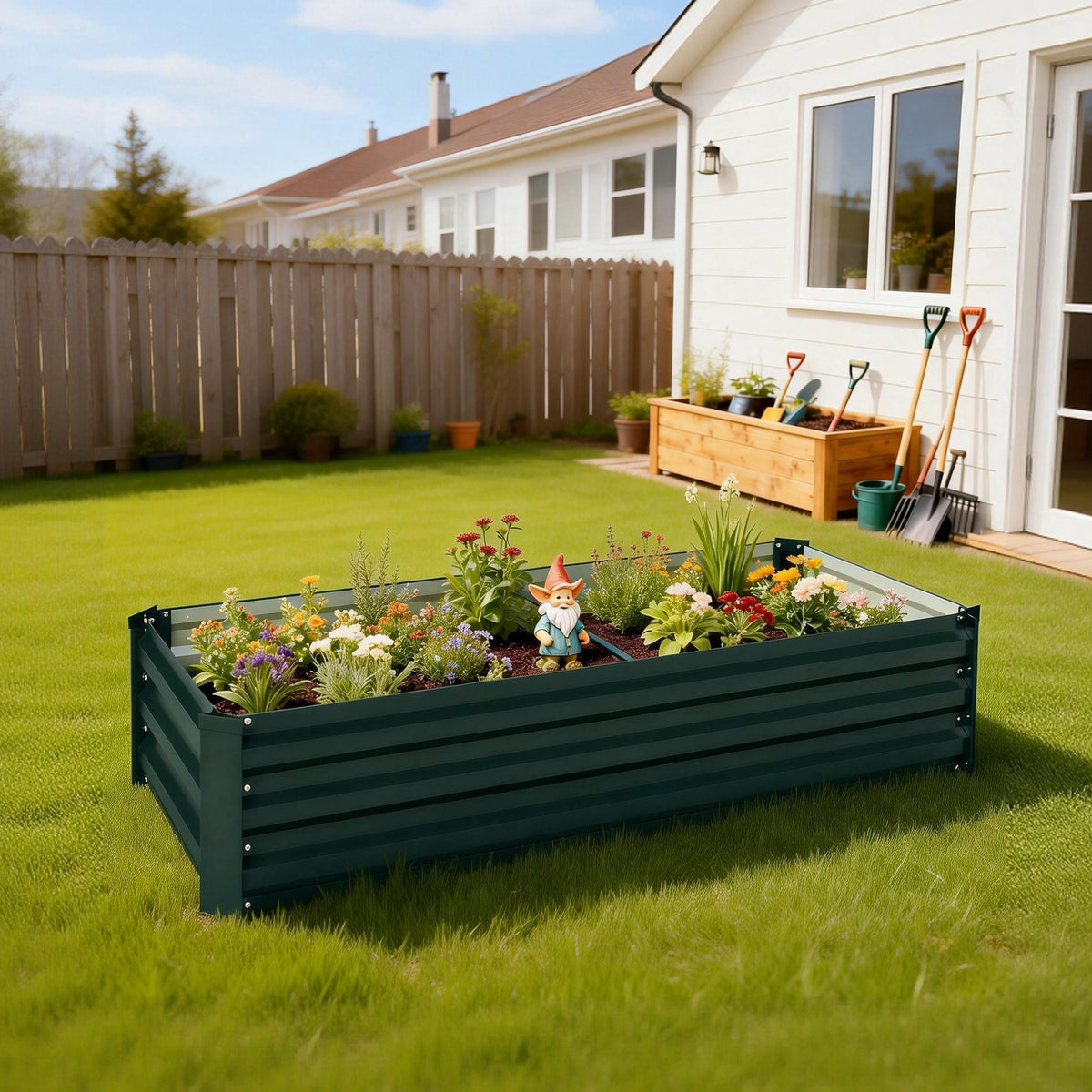 Jardinière rectangulaire potager de jardin en acier galvanisé bordure de sécurité et fond ouvert 150x70x30cm vert