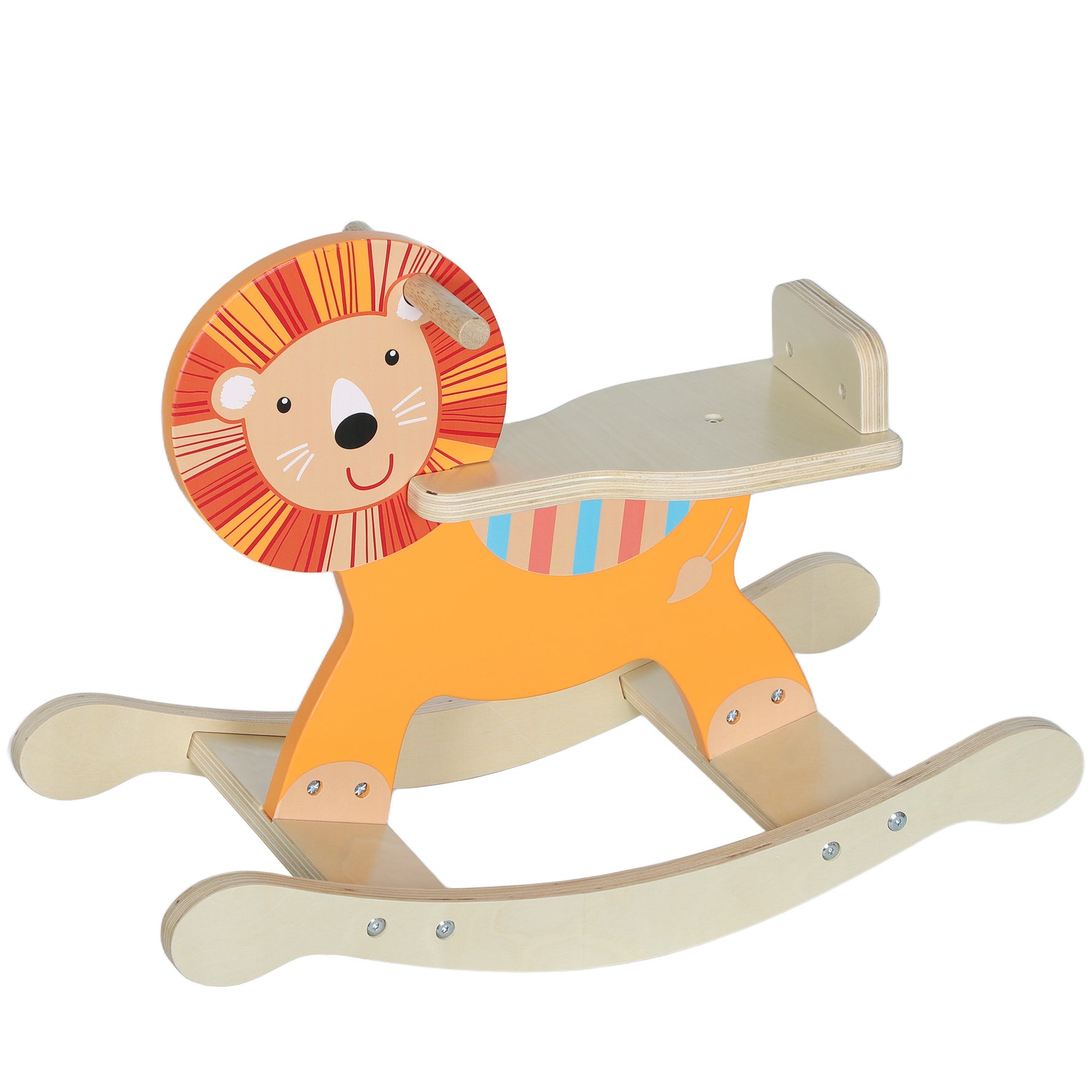 Cheval à bascule pour enfants, lion jouet à bascule bébé en bois avec guidon et base stable, 59 x 27 x 43 cm, orange