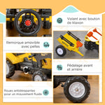 Pedal tractor backhoe with trailer, shovel and rake, outdoor toy for children aged 3 and up, yellow and black